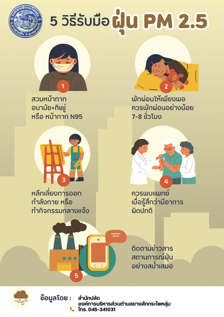 ประชาสัมพันธ์: 5 วิธี ป้องกันฝุ่น  PM 2.5 ขององค์การบริหารส่วนตำบลยางสักกระโพหลุ่ม